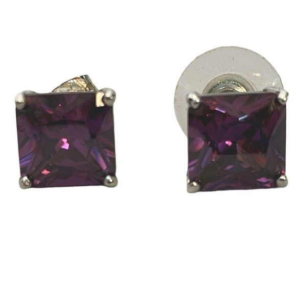 Silver Tone Square Cut Amethyst Color Stud Earring - Picture 1 of 4